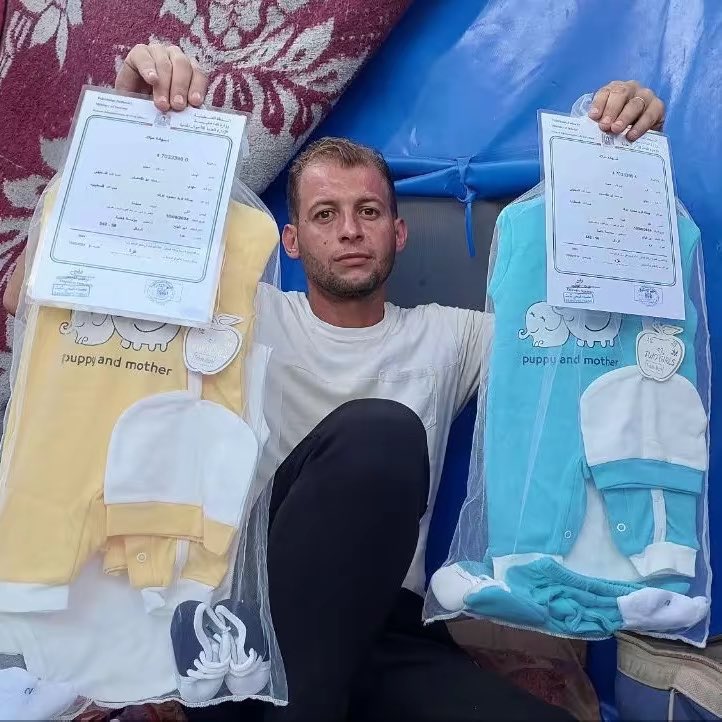 landpalestine's tweet photo. Never forget when this Palestinian father in Gaza excitedly went to get birth certificates for his newborn twins, only to return and find his wife and babies killed by Israel https://t.co/lhsaKKKywB