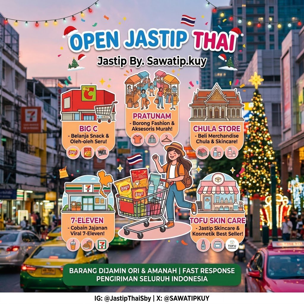 SAWATIPKUY's tweet photo. ✈️ OPEN JASTIP THAILAND BY SAWATIP.KUY 🇹🇭

Siap borong snack Big C, jajanan 7-Eleven, fashion Pratunam, Tofu Skin Care &amp; Chula Store! 🛍️✨

📦 ETA INA: 2 Nov 2026 🔒 
100% Original &amp; Amanah

Slot terbatas! DM atau order via link di bio sekarang! 📩

#jastpthai #jajanthai https://t.co/KoMUDdD30Q