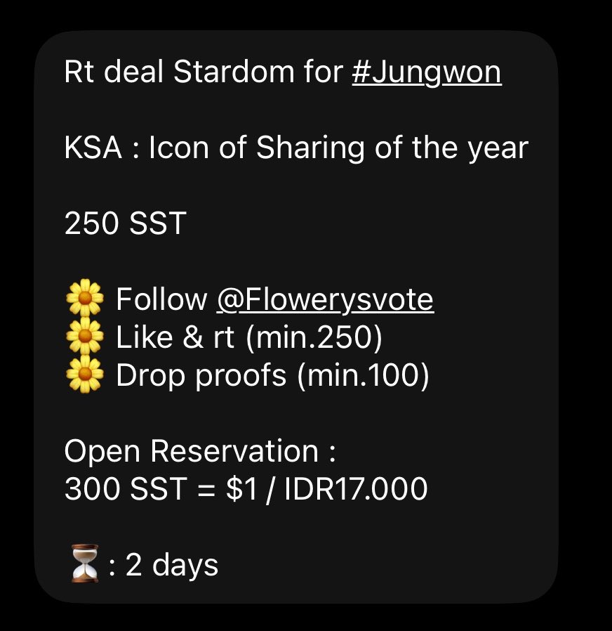 yjwbaobei's tweet photo. Rt deal Stardom for #Jungwon

KSA : Icon of Sharing of the year

250 SST

🌼 Follow @Flowerysvote  
🌼 Like &amp; rt (min.250)
🌼 Drop proofs (min.100)

Open Reservation :
300 SST = $1 / IDR17.000

⏳: 2 days https://t.co/NZuk7E5lAX