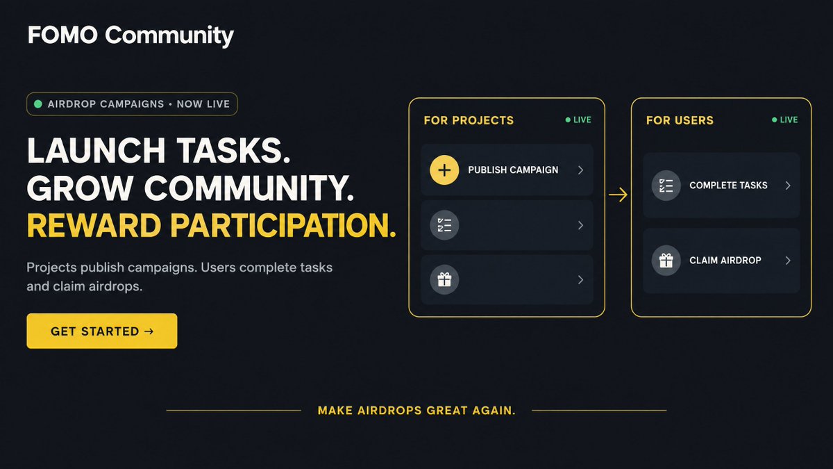 FOMO_Swap's tweet photo. Airdrop Campaigns are now live on FOMO Community.
Projects launch task campaigns. Users complete missions and claim rewards.
Turn attention into participation—and participation into community.
Make airdrops great again!
https://t.co/oh7yya99Om
#FOMOCommunity #Airdrop https://t.co/xyiwpz6EgY