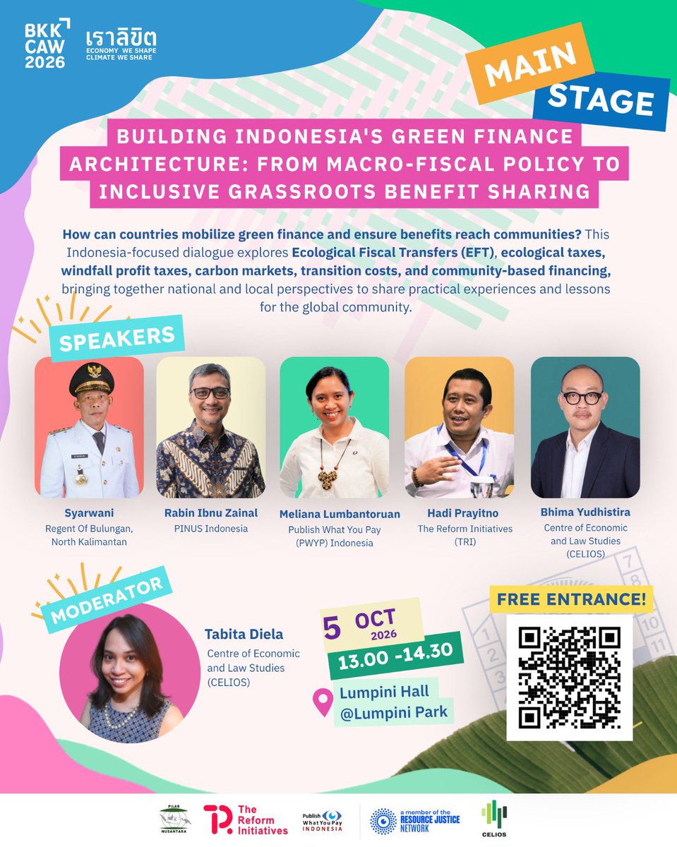 TheReform_TRI's tweet photo. Sesi ini  menghadirkan para ahli untuk mengeksplorasi strategi keuangan hijau yang inovatif, mulai dari Transfer Fiskal Ekologis (EFT) hingga pasar karbon dan pembiayaan berbasis masyarakat. https://t.co/91q96wVC4P