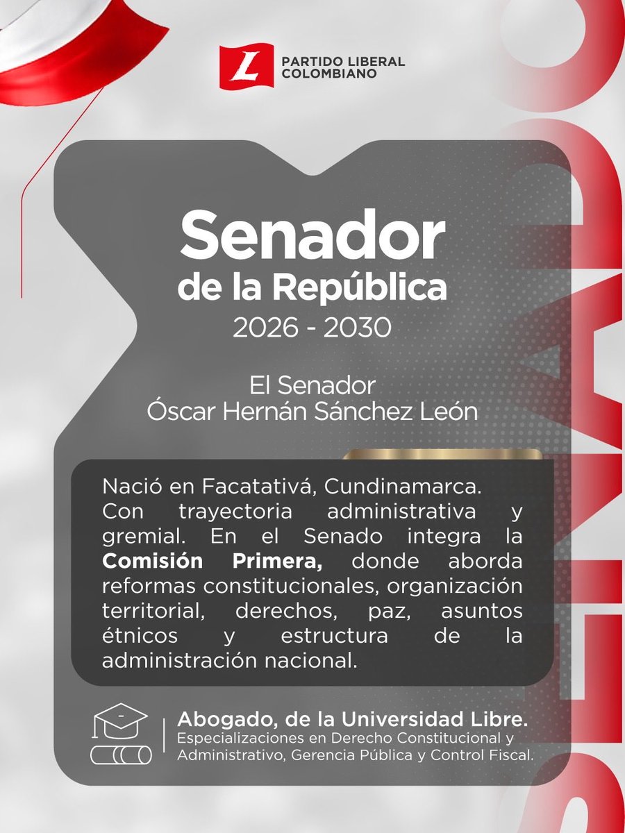 PartidoLiberal's tweet photo. Presentamos al senador @OscarSanchez10_, quien representa al Partido Liberal Colombiano en el Senado de la República para el período 2026-2030.
Con experiencia, preparación y compromiso, nuestra bancada sigue trabajando por una Colombia con más oportunidades. 🇨🇴 https://t.co/PEtcSIRtJY