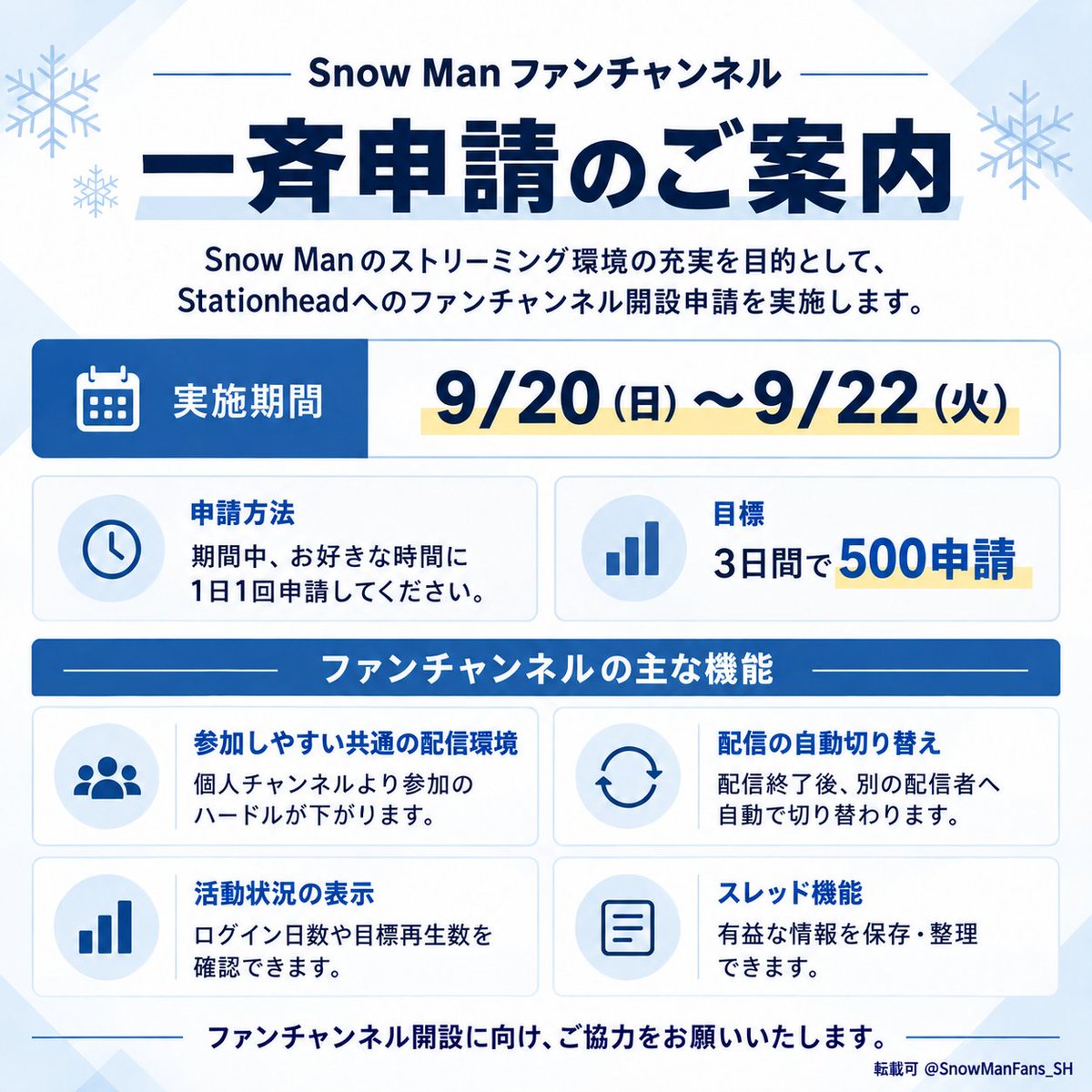 SnowManFans_SH's tweet photo. 【ファンチャンネル一斉申請】Day3
ステへ「Snow Manファンチャンネル」開設に向けて9/20〜9/22に一斉申請を実施中
毎日1回申請できます。多くの参加をお待ちしています

1日目の申請数は「248」でした。最終日もよろしくお願いします

▼申請方法・詳細
https://t.co/VdtSh7zQ5t
#Stationhead_SnowMan https://t.co/LagmZz5gBE