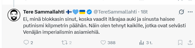 OlliKotro's tweet photo. Yhdysvaltain imperialismin asiamies Tere Sammallahti blokkasi @ABulavtsev , kun esitettiin vääriä mielipiteitä. https://t.co/wY3JXmPeXw