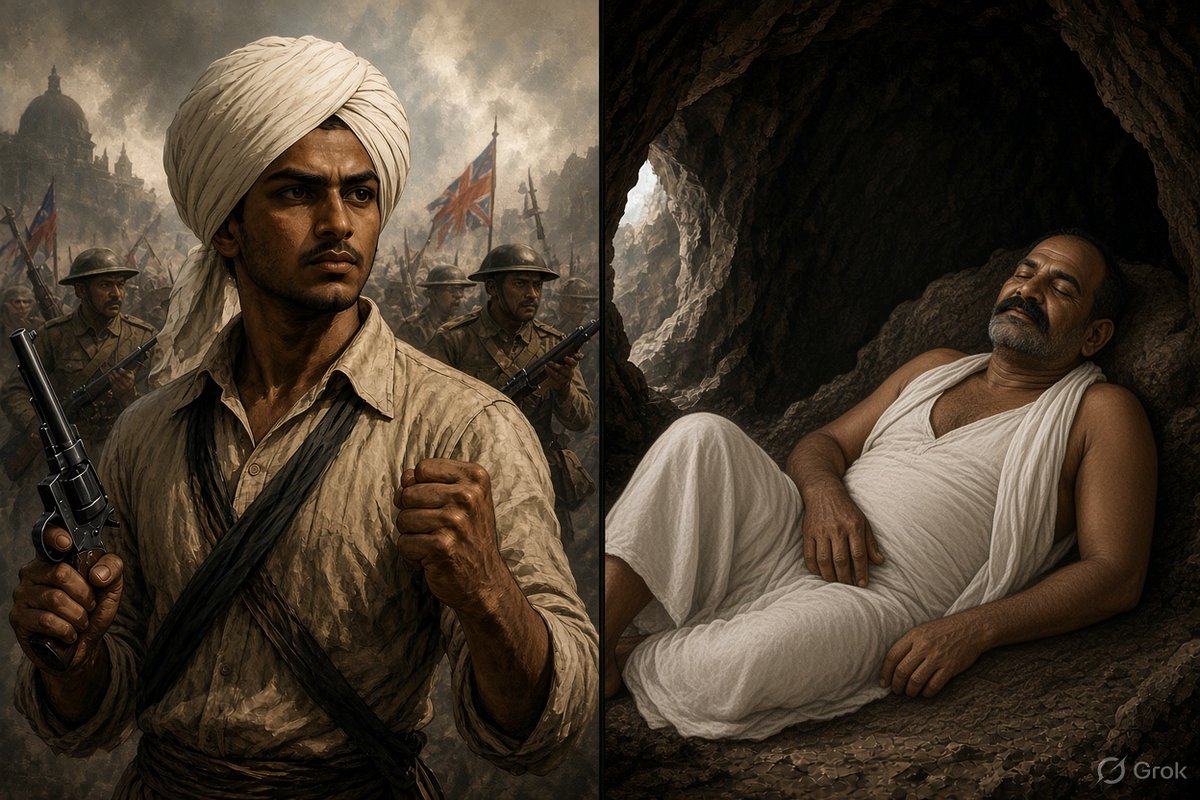 Sk959527's tweet photo. Do you know what is truly disturbing about today’s India?

There was a time when our cinema told the stories of people who actually fought for our freedom, Bhagat singh, Gandhi, Nehru and countless others who sacrificed their lives for this country. Those were our real stories, our history and people watched them because they wanted to know what shaped India.

Now look at what we are increasingly being fed.

Historical fantasy.

We defeated the Mughals.
We defeated the Afgan.
We defeated the Turk.
Ten people fighting a hundred and winning. Facts replaced by fantasies designed to make people feel heroic.

And then there is the growing glorification of figures like Neem karoli baba through stories of miracles and supernatural powers.

The irony is that karoli baba and bhagat singh belonged to essentially the same era, with only a few years separating their ages.

While Bhagat singh was fighting the british and ultimately walking to the gallows for India, That fraud Baba was sitting hidden away in caves, nowhere in the freedom struggle.

So if someone is now being portrayed as such a great, powerful and enlightened figure, the obvious question is:

What exactly did he do for India’s freedom?

Bhagat singh went to the gallows. Gandhi went to prison. Nehru spent years behind bars. Countless ordinary Indians sacrificed everything in the fight against british rule.

And today, instead of telling their stories, we are increasingly turning miracles, myths and fantasies into blockbuster entertainment.

Faith is your personal choice. Believe whatever you want.

But when a country starts replacing the people who actually fought for its freedom with miracle stories and manufactured fantasies, it isn't just changing its movies, it is rewriting the memory of an entire generation.

And that should genuinely worry us.