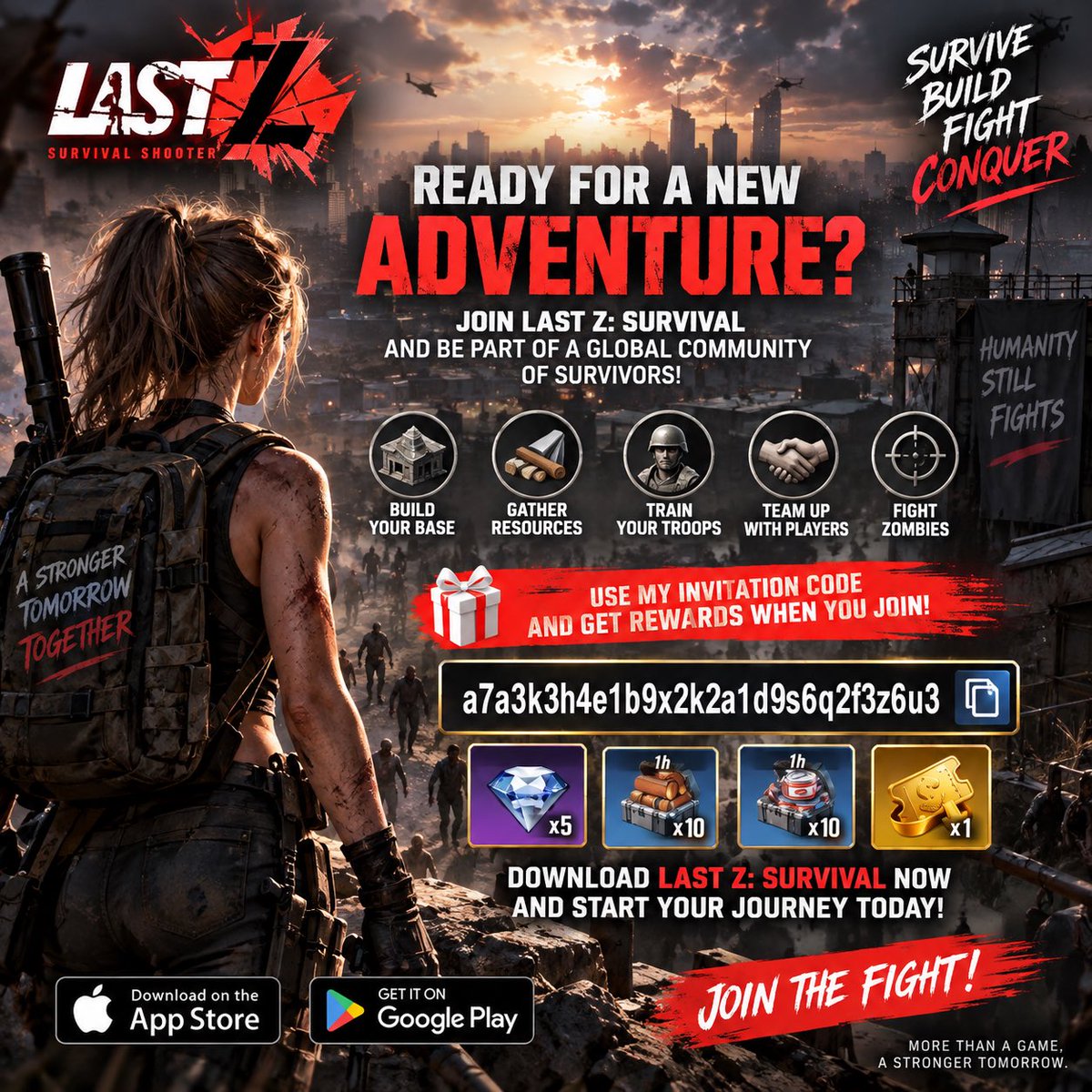 TouristOfX's tweet photo. 🧟‍♂️🔥 Ready to survive the apocalypse?

Join Last Z: Survival and build your base, gather resources, train your troops &amp; fight against the zombie outbreak! ⚔️

🎁 Use my invitation code to get rewards when you join:

🔑 a7a3k3h4e1b9x2k2a1d9s6q2f3z6u3

🚀#LastZSurvival https://t.co/558OLVwSa5
