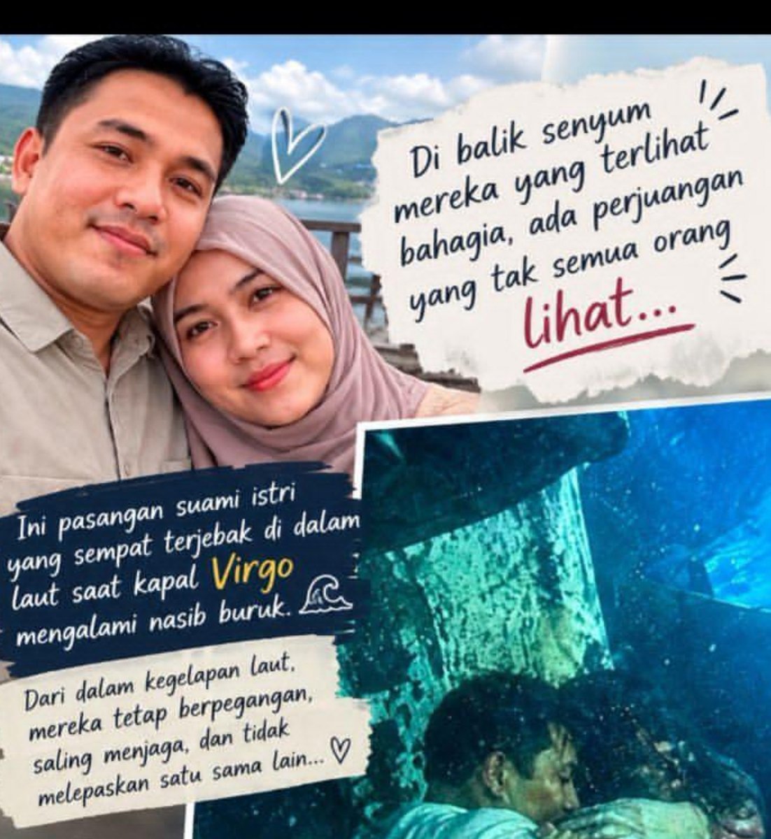 LiaAfri03881071's tweet photo. Pelukan terakhir mereka justru ditemukan di dasar laut… 😢

Yuli (29) dan suaminya, Muhammad Abdianoor (30), pergi bersama dalam sebuah perjalanan yang tak pernah mereka bayangkan akan menjadi perjalanan terakhir.

Saat keduanya ditemukan, mereka masih dalam keadaan saling berpelukan. Tak ada yang tahu seperti apa detik-detik terakhir mereka, tapi pelukan itu seolah menjadi bukti bahwa mereka tetap bersama sampai akhir. 

Semoga Allah mengampuni dan menempatkan keduanya di tempat terbaik. Al-Fatihah. 🥀