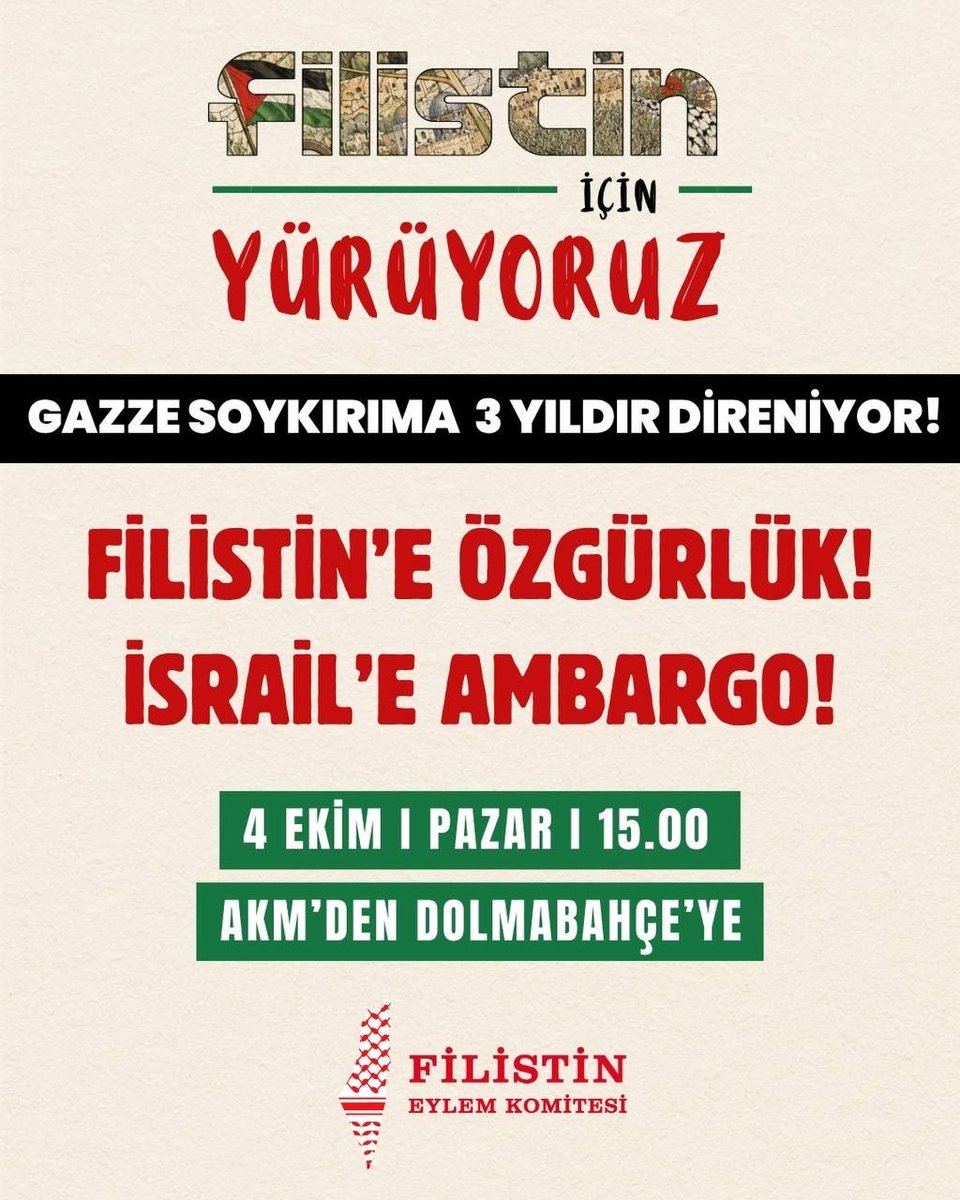 partizan_resmi8's tweet photo. 📣 Filistin için sokağa!

Filistin halkına yönelik soykırım saldırısı üçüncü yılında sürüyor. #İsraileTamAmbargo talebini yükseltmek üzere, bölge halklarını ölüme sürükleyen işgal devletine karşı yürüyüşümüze herkesi çağırıyoruz.

#ZaferFilistininOlacak
#FilistinİçinSokağa https://t.co/Qdt60TTL6x