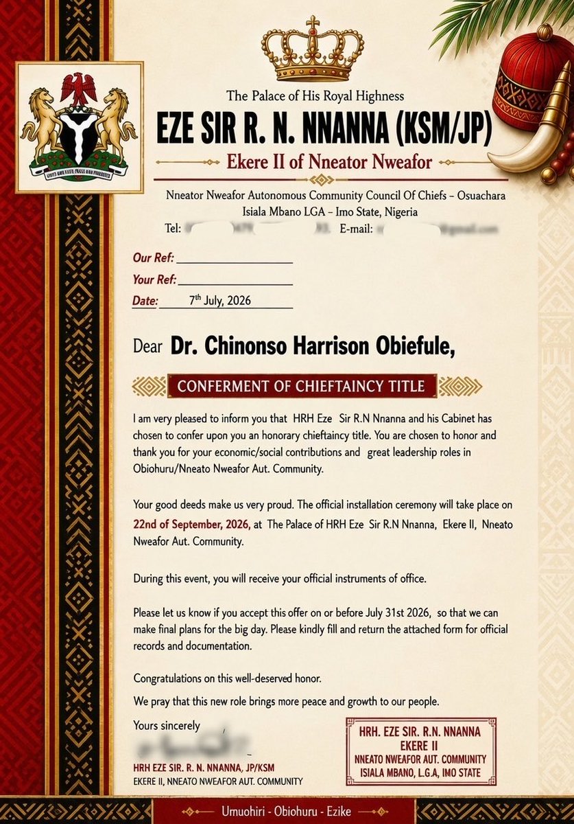 Uloigbovault's tweet photo. Igbo Amaka. 🌿

Congratulations to @Nonso_Obiefule, the visionary leader at @IgboHangFest, on the conferment of a chieftaincy title by the people of Nneator, Mbano.

A fitting recognition of a modern-day Renaissance man — moving between boardrooms and blockchain, global markets and Igbo heritage, while consistently creating space for culture, community and ideas to thrive.

From global brands to Africa’s evolving tech and Web3 ecosystem, Nonso’s journey reflects the power of an Igbo mind operating on a global stage without losing sight of home.

Today, Nneator celebrates its New Yam Festival and a son of the soil receives a new honour. Two celebrations, one powerful reminder: Ndigbo bu otu. Igbo bu otu. 🌍🌱

ỤLO celebrates you, @Nonso_Obiefule.

Congratulations, Nwanne. 👑