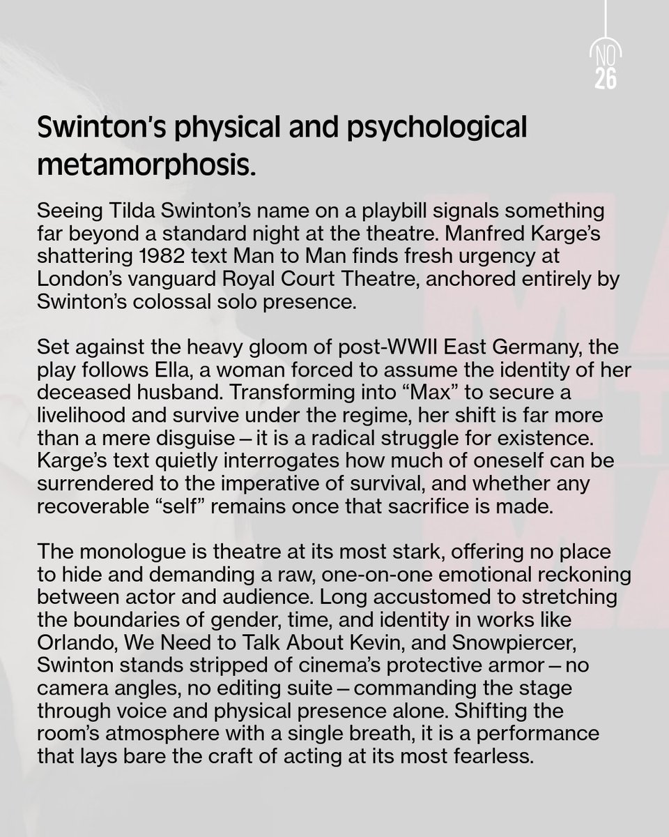 apartmanno26's tweet photo. Reporting from the London floor of Apartman! 🇬🇧🎭

Sacrificing your own self to survive... Without cameras or edits, Tilda Swinton shakes the Royal Court stage with her colossal presence in "Man to Man." Our striking review on identity and gender is live! https://t.co/0D28juF5Sl