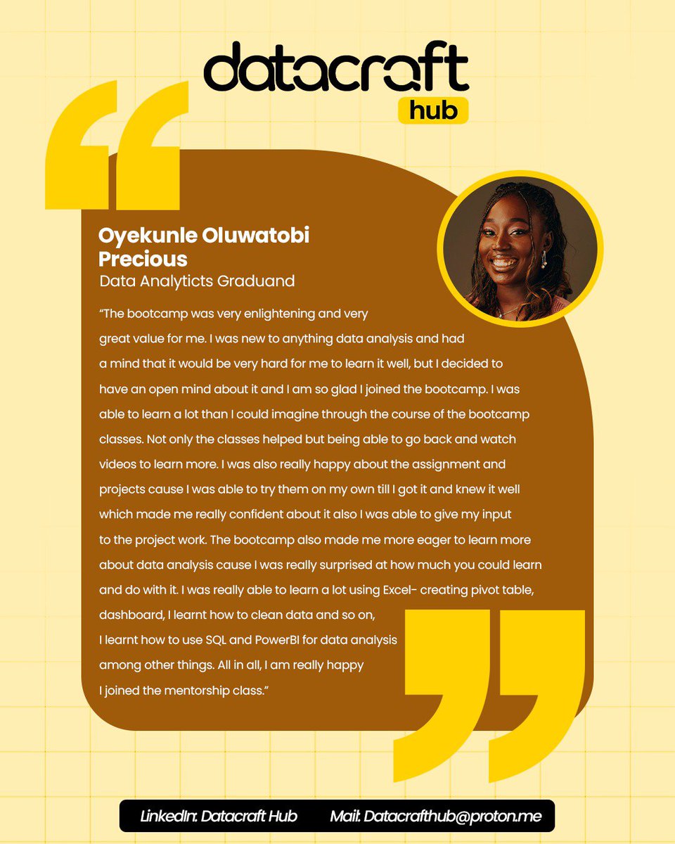 Datacrafthb's tweet photo. From little or no data experience to confidently working with real datasets, building dashboards and creating insights.

Our graduands’ stories say it all. 📊💛

Real skills. Real growth. Real transformation. 🚀

#dataanalytics #datacrafthub #nigeriatech https://t.co/UajmkOWGjA