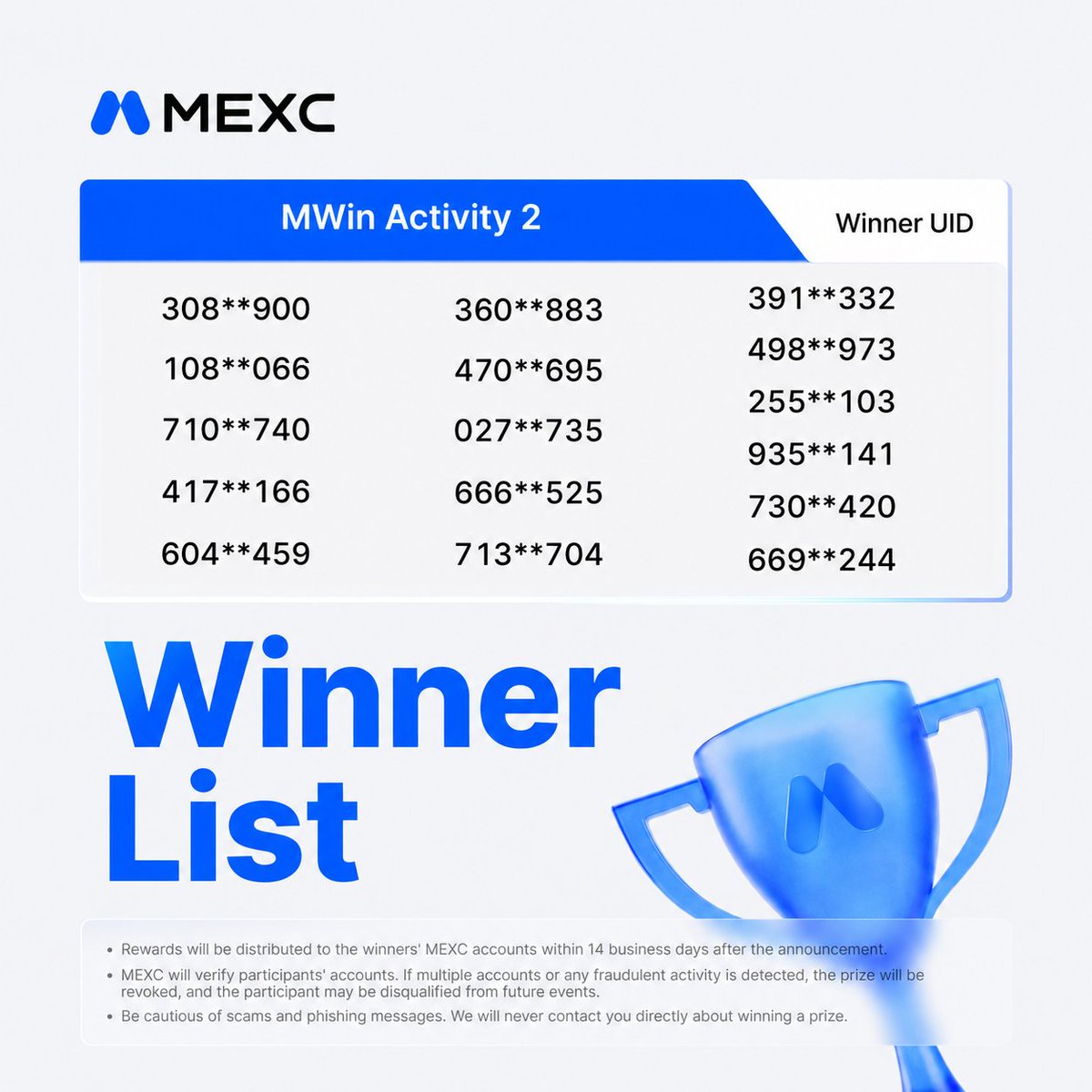 MEXC_SouthAsia's tweet photo. 🎉 MWin Activity 2 - Winner Announcement. 🏆

A huge congratulations to all our winners! 🥳

🥇 Top Winner: UID: 308**900 - 50 USDT 🎁
💰 15 Lucky Winners: 5 USDT each

Thank you to everyone who participated and made #MEXCWin Activity 2 a success 💙

Stay tuned for more exciting activities and rewards. 🚀