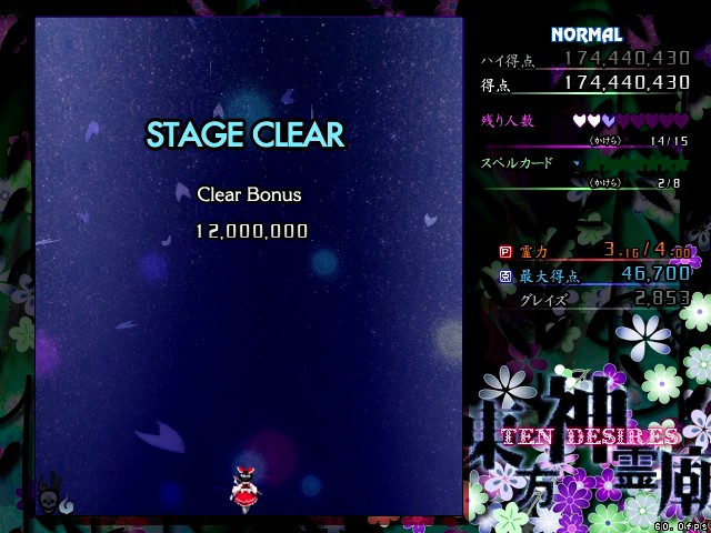 SS_chikuwa's tweet photo. 東方神霊廟 NORMAL ノーコンティニュークリア！
STAGE5までノーミスで行けたからSTAGE6はほぼ全てボムトランスゴリ押しで終了
リソースに余裕があるのって気楽で最高！ https://t.co/qy4bohLW8m