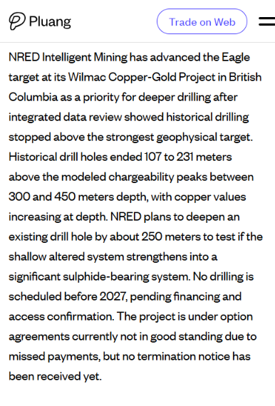 SU_Spectator's tweet photo. COPPER WATCH: $NRED is building momentum at Wilmac

The company identified a priority deep target at Eagle, with modeled chargeability peaks sitting roughly 300–450m below surface

A very interesting setup in BC https://t.co/1dqn9tFzB8