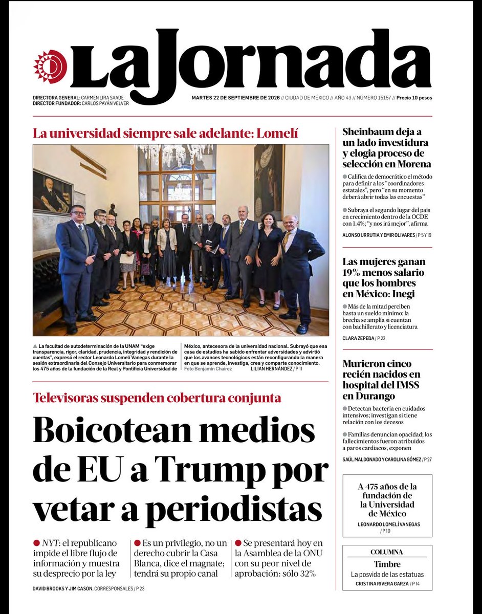 LuisCardenasMx's tweet photo. 📰 Trump sacude las portadas: choque con medios, mientras Morena enfrenta tensiones rumbo a 2027

Las portadas nacionales de este martes 22 de septiembre ponen el foco en el enfrentamiento de Donald Trump con medios estadounidenses, tras nuevas restricciones a la prensa y el boicot de televisoras a su cobertura.

En México, la agenda política se concentra en las tensiones de Morena con sus aliados rumbo a 2027: el PT mantiene sus inconformidades por la definición de coordinaciones estatales y advierte sobre el futuro de la coalición.

También destacan la desaparición del INAI y los señalamientos sobre posibles espacios de opacidad; la situación de hospitales del IMSS en Durango y las nuevas reglas para restringir celulares en las aulas.