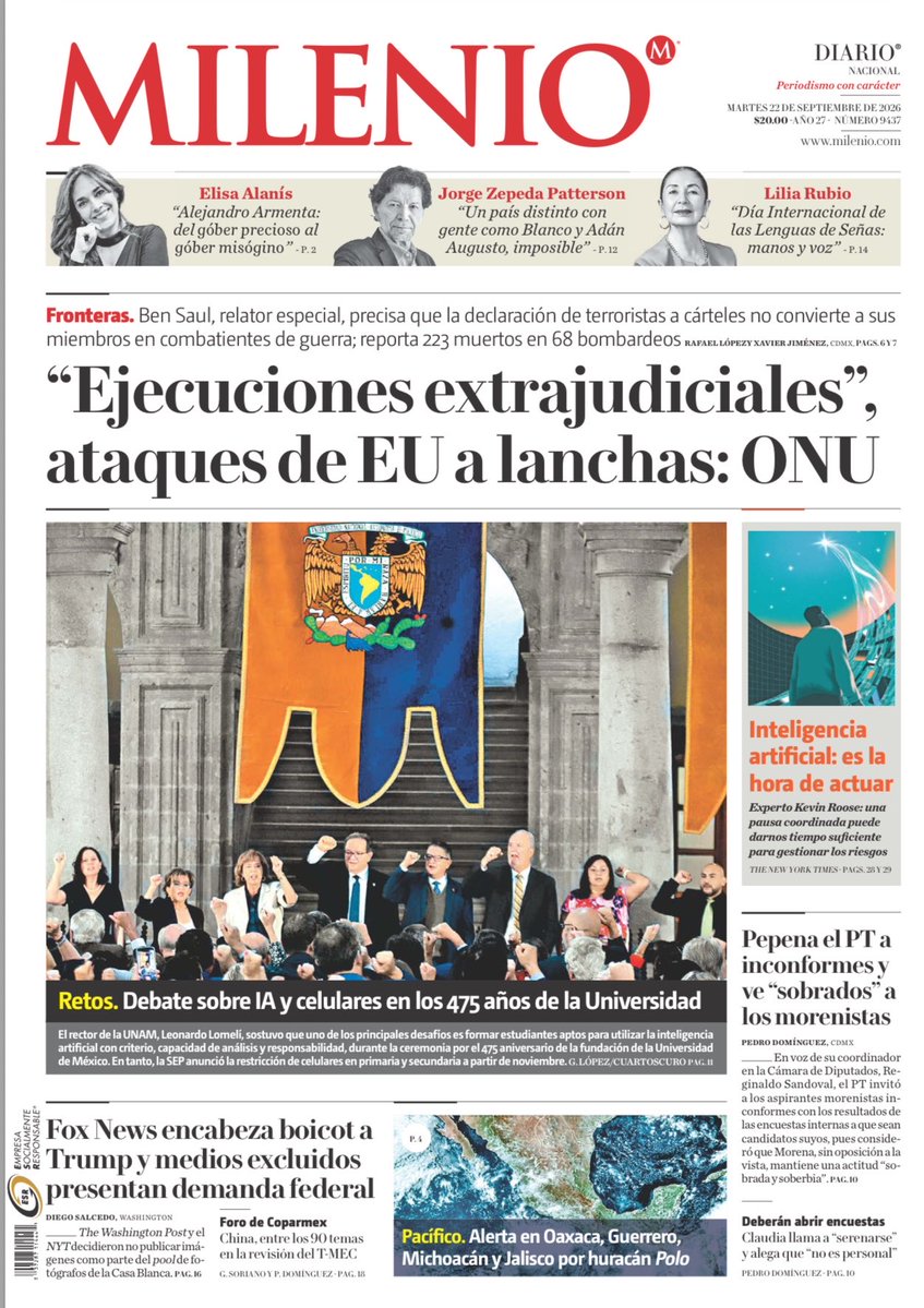 LuisCardenasMx's tweet photo. 📰 Trump sacude las portadas: choque con medios, mientras Morena enfrenta tensiones rumbo a 2027

Las portadas nacionales de este martes 22 de septiembre ponen el foco en el enfrentamiento de Donald Trump con medios estadounidenses, tras nuevas restricciones a la prensa y el boicot de televisoras a su cobertura.

En México, la agenda política se concentra en las tensiones de Morena con sus aliados rumbo a 2027: el PT mantiene sus inconformidades por la definición de coordinaciones estatales y advierte sobre el futuro de la coalición.

También destacan la desaparición del INAI y los señalamientos sobre posibles espacios de opacidad; la situación de hospitales del IMSS en Durango y las nuevas reglas para restringir celulares en las aulas.