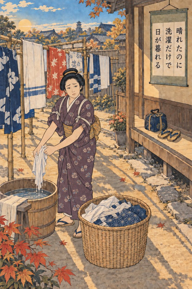 Mar_C_'s tweet photo. 晴れたのに　洗濯だけで　日が暮れる

やっと晴れたと思ったら、お出かけできたのは着物ばかりさ。

#エド画像川柳 #連休 #洗濯日和 https://t.co/62StETFhBh