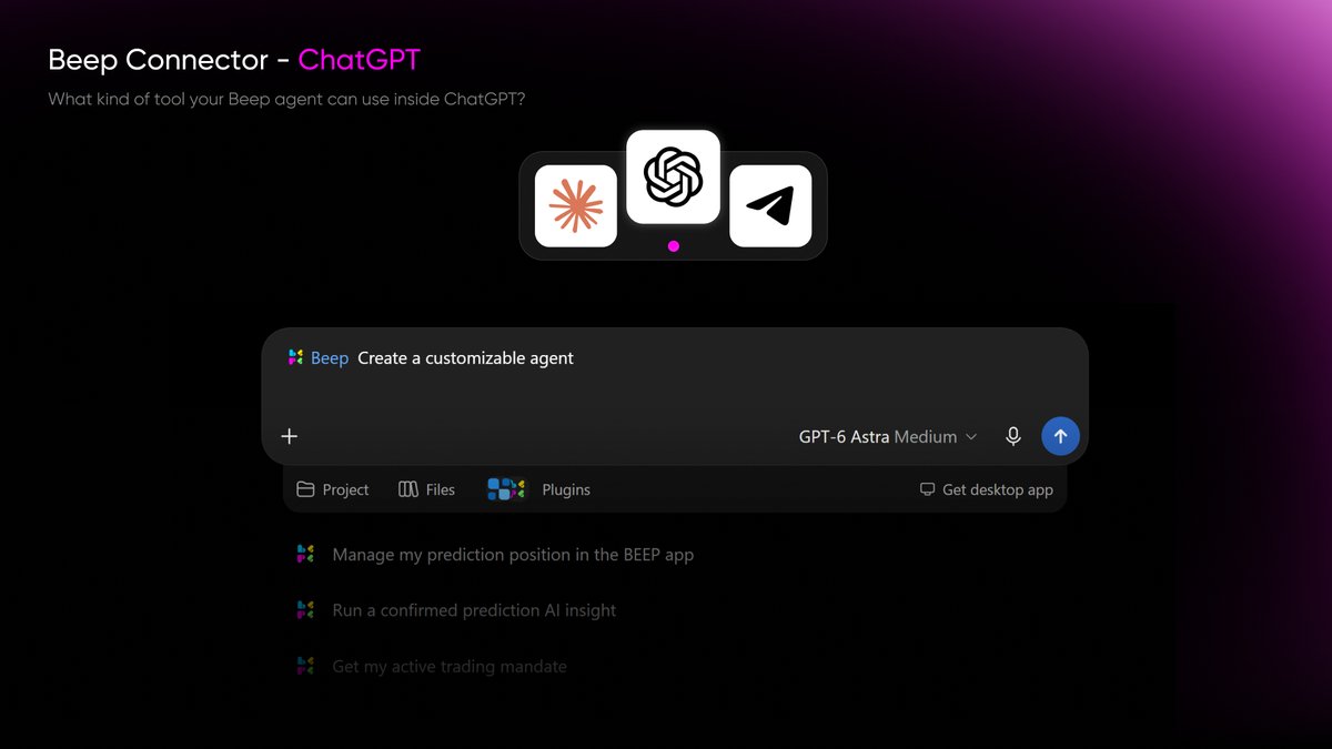 0xbeepit's tweet photo. Your agent can work directly inside ChatGPT.

With Beep Connector, you can prompt it to create agents, analyze markets, start trading, and more.

Connect your agent: https://t.co/IUR4sZSPm2 https://t.co/AHrJuyGnnb