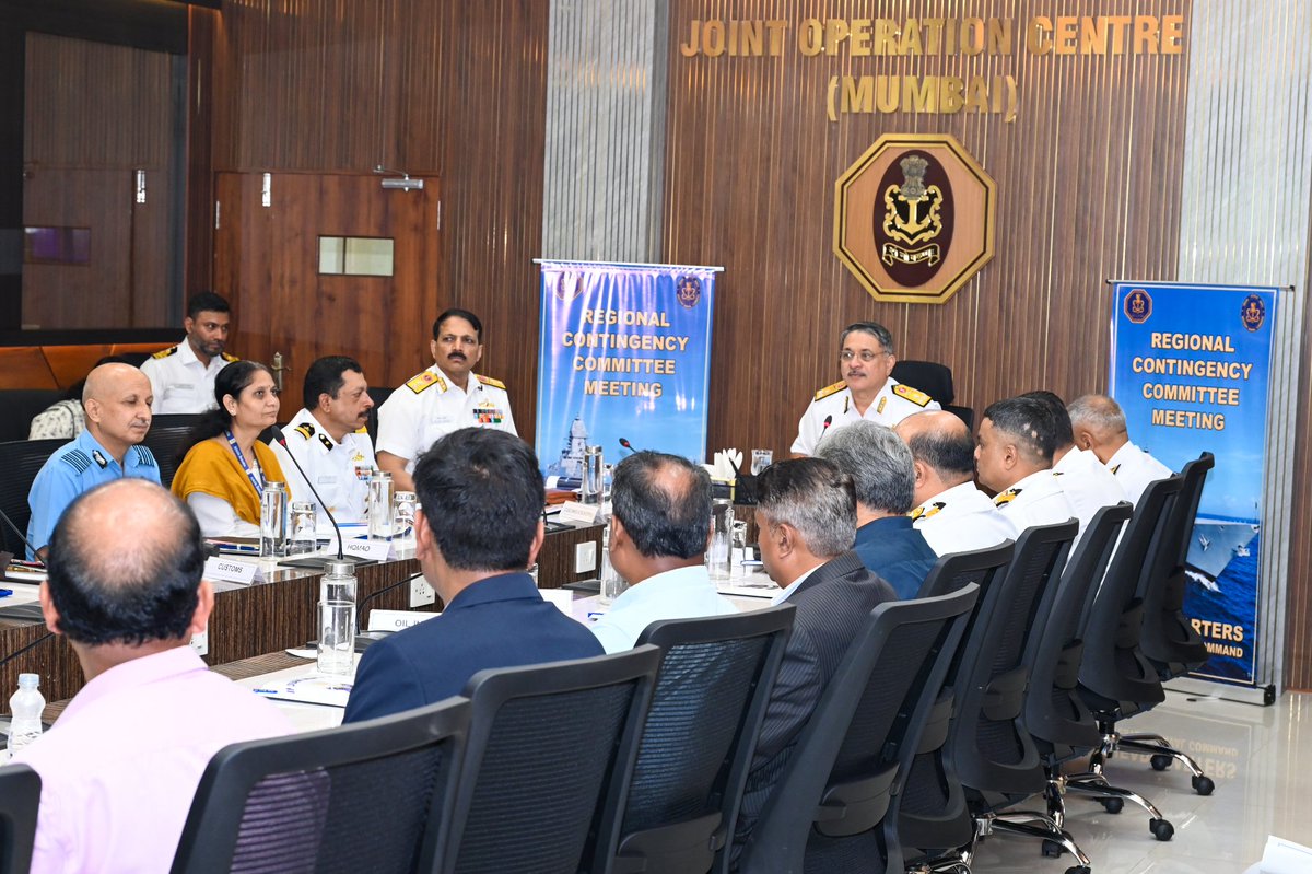 IN_WNC's tweet photo. The 48th meeting of Regional Contingency Committee (West) was held under the chairmanship of VAdm Rahul Vilas Gokhale #COS #WNC on 21 Sep 26 at #JointOperationsCentre #Mumbai to review various security measures and contingency plans for the offshore platforms off #WestCoast of #India. Reps of various member organisations participated in the meeting which focused on strengthening response mechanisms for maritime and offshore contingencies and aligning regional plans with emerging operational challenges.

@DefenceMinIndia
@SpokespersonMoD
@HQ_IDS_India
@indiannavy
@IndiannavyMedia
@IN_WNC
@DefPROMumbai