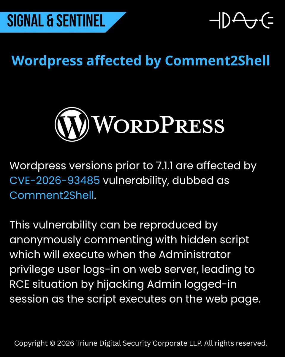 triunedigisec's tweet photo. Wordpress core theme affected by Comment2Shell (CVE-2026-93485), XSS to RCE by exploiting comment functionality.
#exploit #remotecodeexecution #vulnerability https://t.co/R1ATDEcvUo
