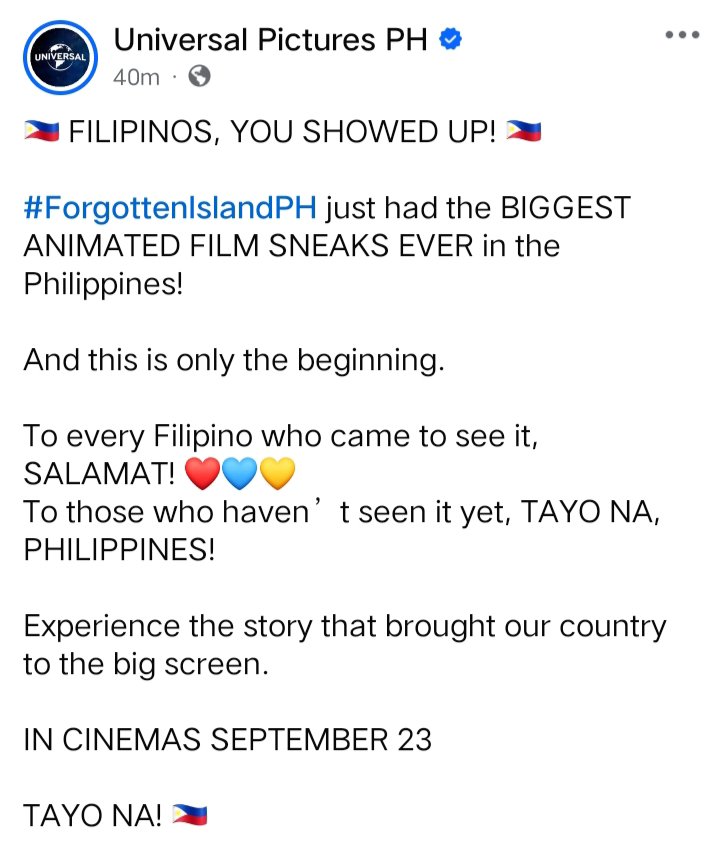 aomsdbr's tweet photo. BIGGEST ANIMATED FILM SNEAKS EVER

#ForgottenIslandPH holds the #1 SNEAKS OF ALL TIME IN THE PHILIPPINES FOR AN ANIMATED FILM — according to Universal Pictures PH.

In Philippine cinemas on September 23.

#BINIxForgottenIsland
#BINI #BINI_AParallelWorld https://t.co/XMLVrHHfqF