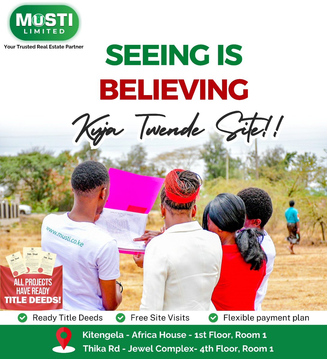 Alpha_propertis's tweet photo. Seeing is believing! 👀🏡 Visit our sites, see the locations, and make an informed land investment with ready title deeds and flexible payment plans.
📞 0727 692 679
#MustiLimited #LandInvestmentKenya #RealEstateKenya #OwnLandKenya #SiteVisit #InvestInKenya #PesaLinknaMwalimu https://t.co/zGuAY4son8