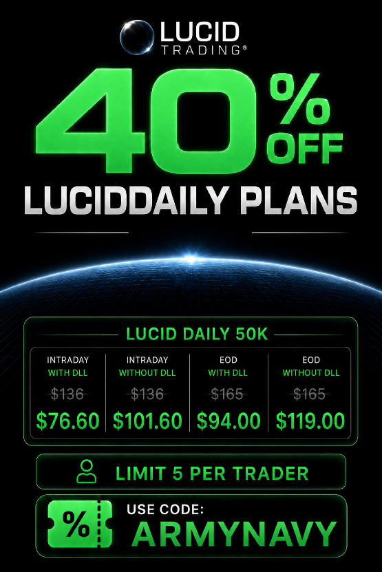 Kellyanntrades's tweet photo. 📢 Lucid Trading $2 Million Trading Competition + Up to 40% OFF Promo on Evals 📢
Here is everything you need to know to get in on the action and secure your share of the $2M prize pool. Ends 9/30 at market close.

💰 What’s at Stake?
Daily Prizes: 50 traders will win $2,000 each, every single day.
Grand Prizes (Top 3): $10,000, $6,000, and $4,000.

✅ Who Can Participate?
Anyone with an active Lucid Trading account (Eval, Funded, Live or Maxxer).

📈 How to Participate:
Trade your active account.
Keep an eye on the leaderboard throughout the day.
Check the Lucid Trading Discord and Daily Town Halls where winners are revealed. Good luck

Current Lucid Promo
Need an account to compete? Grab one now at a massive discount:

40% OFF Lucid Daily accounts
30% OFF all other accounts

📊 $50K Account Pricing Breakdown:

Lucid Daily 50K
🔹 Intraday with DLL — $76.60
🔹 Intraday without DLL — $101.60
🔹 EOD with DLL — $94.00
🔹 EOD without DLL — $119.00

Other $50K Accounts
🔹 LucidFlex — $90 / $105
🔹 LucidPro — $115 / $140
🔹 LucidDirect — $360

🛒 Ready to get started?
👉 Use Code: ARMYNAVY
🔗 https://t.co/av2gjjWyDF