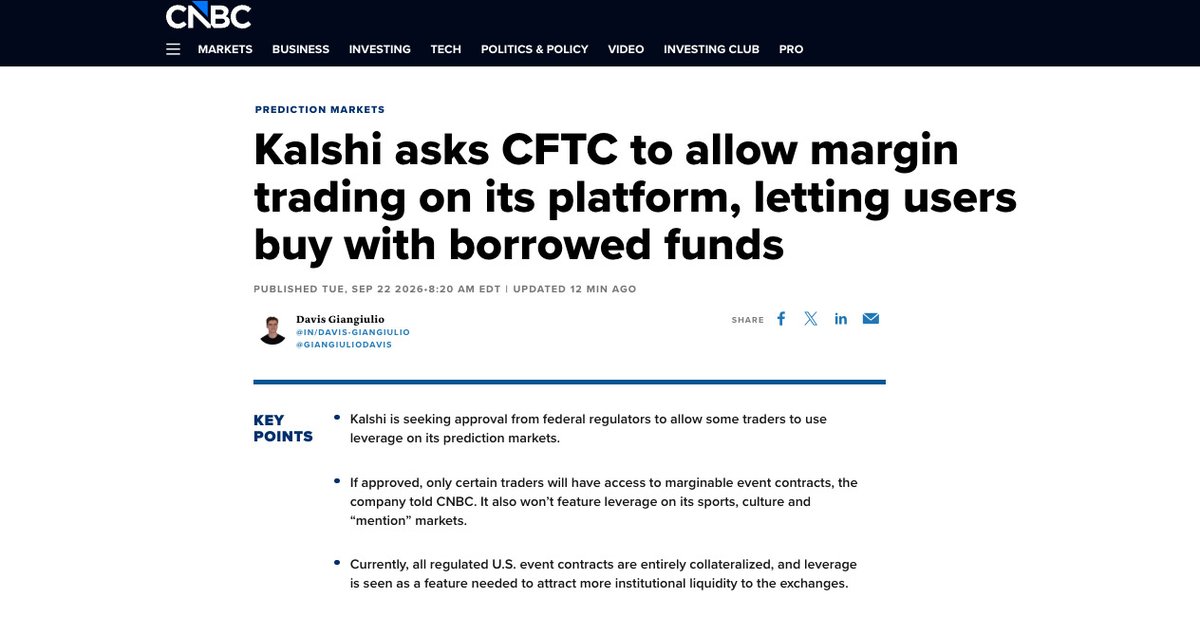 CNBC's tweet photo. Prediction market platform Kalshi filed on Tuesday with federal regulators to seek approval to offer leverage on event contracts, a prevalent practice already on Wall Street for stocks and futures.
Read more: https://t.co/2XFGucOOcK https://t.co/LNfJZOvcFm