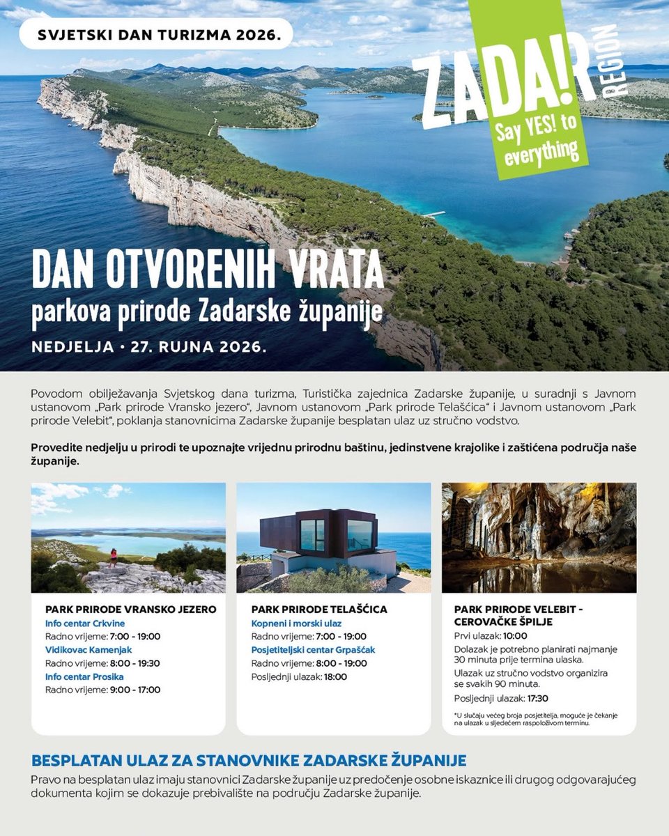 Zadar_Region's tweet photo. Svjetski dan turizma u zaštićenim područjima Zadarske županije!
Celebration of World Tourism Day in the protected areas of Zadar Region! https://t.co/TlFT8SbYSa