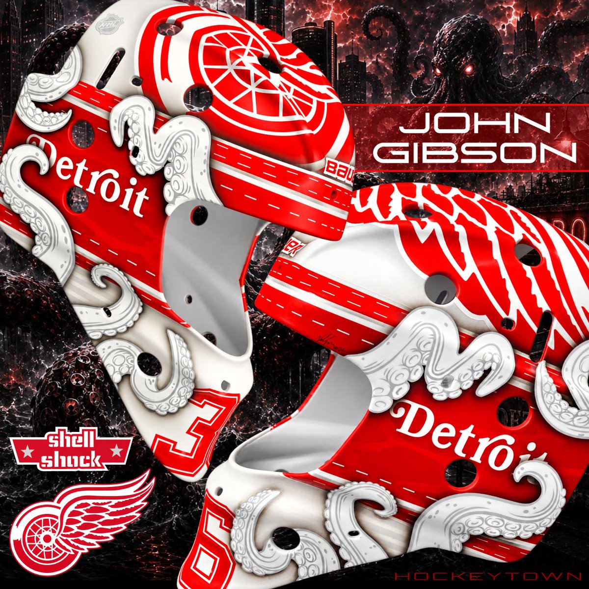 ShellShockCo's tweet photo. .@DetroitRedWings new mask for John Gibson for the 26-27 season continuing his octopus tentacles from last season with a super clean and sharp design #shellshock #hockeytown https://t.co/OjclJYa1B7