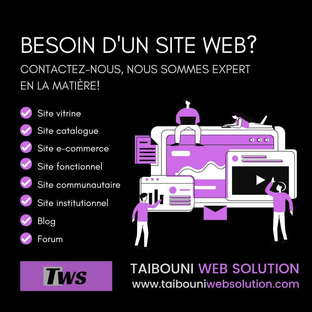 T_Web_Solution's tweet photo. Créez votre #site_web professionnel ou votre #boutique_en_ligne avec Taibouni Web Solution. 

Vous avez une entreprise, agence, association, club, magasin, ... et vous voulez vous démarqués, avoir plus de clients, alors c'est un #site web qu'il vous faut.

#Taibouni_Web_Solution https://t.co/3UJvfHIOLQ