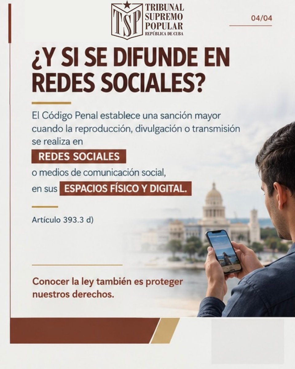 TSupremoCU's tweet photo. 📸 Publicar una foto ajena sin permiso puede ser delito, si buscas afectar la intimidad, imagen, voz o identidad (Art. 393 CP). Su publicación en redes conlleva a una sanción mayor. Respeta la privacidad.
@Oscar_CubaTSP 
#CódigoPenal #DerechoPenal #Privacidad https://t.co/YDriVBm6aw