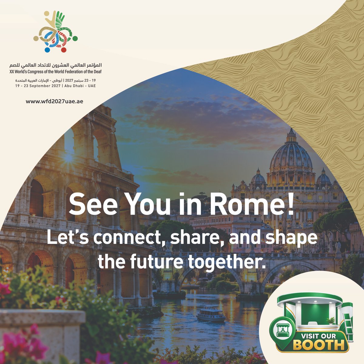 wfd2027uae's tweet photo. Visit our booth at the WFD 75th Anniversary from 23–26 September 2026 as we connect with deaf communities from around the world and continue the journey towards the XX World’s Congress of the World Federation of the Deaf, in Abu Dhabi, UAE.
https://t.co/QUvuidXcx4 https://t.co/kwcJy7UW6X