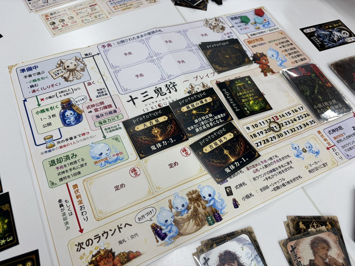 MrandMrs_Games's tweet photo. 『十三鬼狩』@FujiHamlet27331 
和風な雰囲気のバースト回避チキンレース系ゲーム。指定の数を超えないようにカードを引いていくのが基本ですが、毎回特殊効果のカードが出てきてプレイ感が変わっていくのがよかった👹
カードたっぷりでリッチなのと、パッケージが桐箱でオシャレなのも良きです✨ https://t.co/VQcEthyUbu