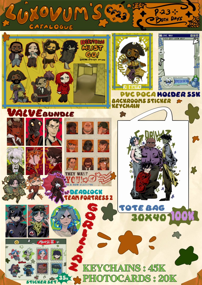 luxovum's tweet photo. 💘🔁appreciated! my #CF23 catalogue is now available for OTS and mail order!
🍀Backrooms/Gorillaz/VOCALOID/EnaDream BBQ/Mouthwashing/CSM/Saya no uta/Deadlock/TF2/F&amp;H /indie games/CT/termina/SHF/RPGmaker/Yotsuba/JJBA/SHF/AZUMANGA/tenna/ninah 
🖇️in reply!#cf23catalogue #comifuro23 https://t.co/tIDWjskQ3z