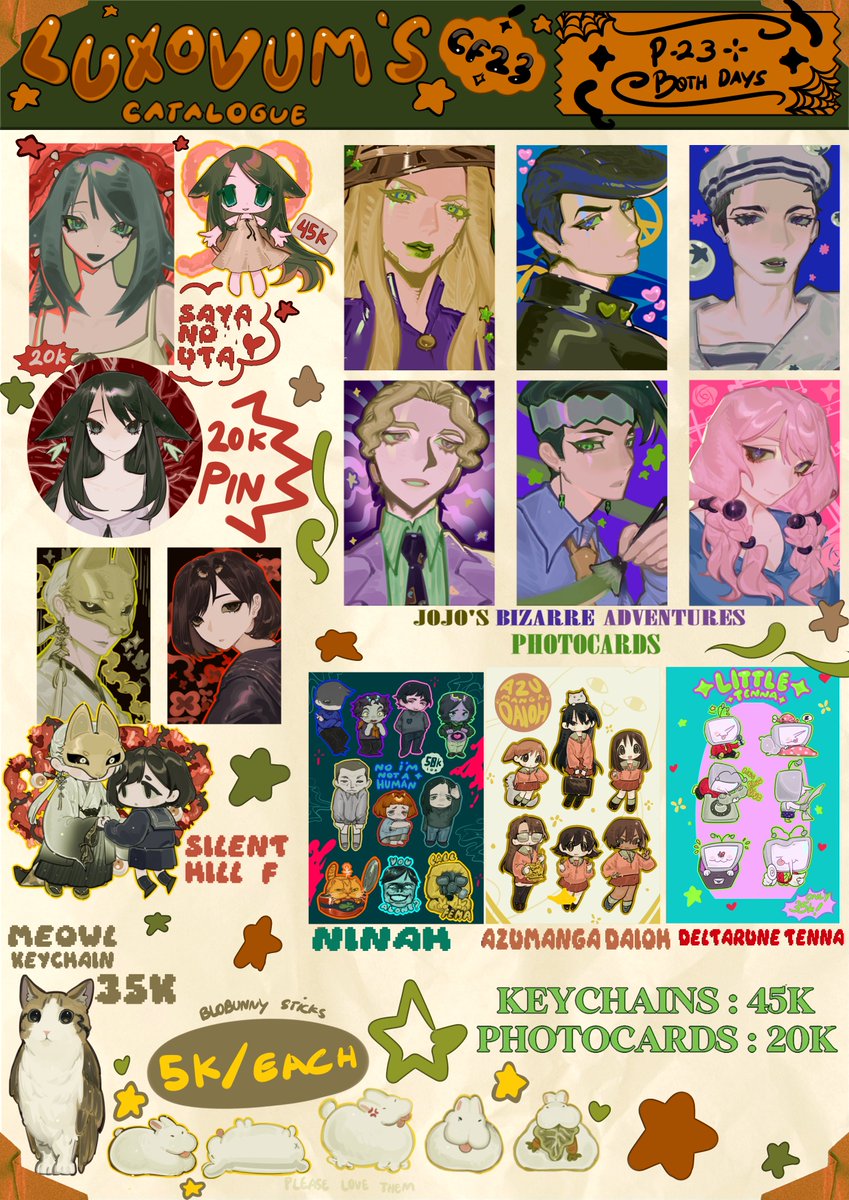 luxovum's tweet photo. 💘🔁appreciated! my #CF23 catalogue is now available for OTS and mail order!
🍀Backrooms/Gorillaz/VOCALOID/EnaDream BBQ/Mouthwashing/CSM/Saya no uta/Deadlock/TF2/F&amp;H /indie games/CT/termina/SHF/RPGmaker/Yotsuba/JJBA/SHF/AZUMANGA/tenna/ninah 
🖇️in reply!#cf23catalogue #comifuro23 https://t.co/tIDWjskQ3z