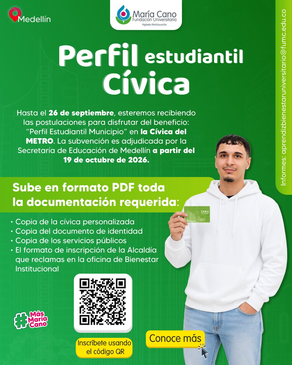 MariaCano_col's tweet photo. Para nuestros estudiantes de la sede Medellín que se encuentren interesados en gestionar el perfil estudiante en la Cívica del Metro de Medellín.

Sigue las instrucciones en el siguiente enlace o escaneando el código QR: https://t.co/sfJHcD9PuR https://t.co/npTTkcfWZy