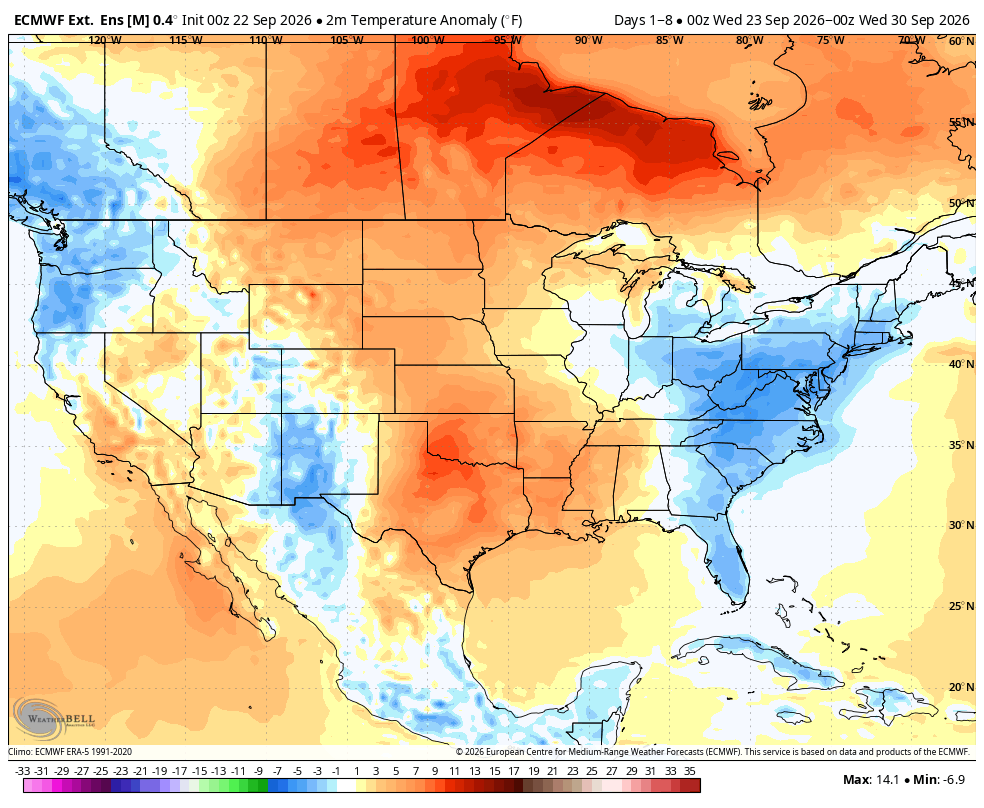 BigJoeBastardi's tweet photo. Huge miss in the eastern US from a week ago on the European. Forecast then for this period, vs now https://t.co/w1aVXuw96Q