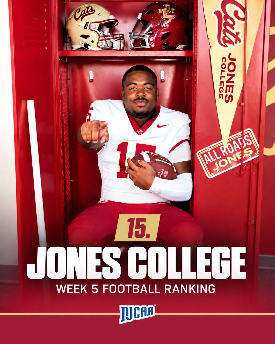 JC_Bobcats's tweet photo. Jones College (3-1) makes its football poll debut at No. 15 ahead of Thursday’s matchup at No. 13 Copiah-Lincoln.

#GoldStandard
#FastAndPhysical https://t.co/HEXldiTFqW