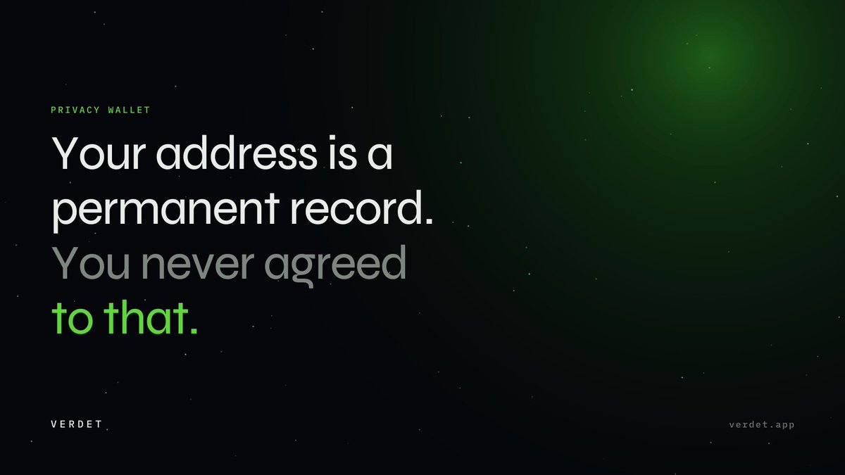 Verdetapp's tweet photo. Verdet is a privacy wallet for tokenized stocks.

On a public chain your address is a permanent record: what you hold, who you trade with, every position you ever built. You are the only party in that arrangement who never agreed to it.

https://t.co/UBgCr8YV78 https://t.co/DMiT9ktBu9