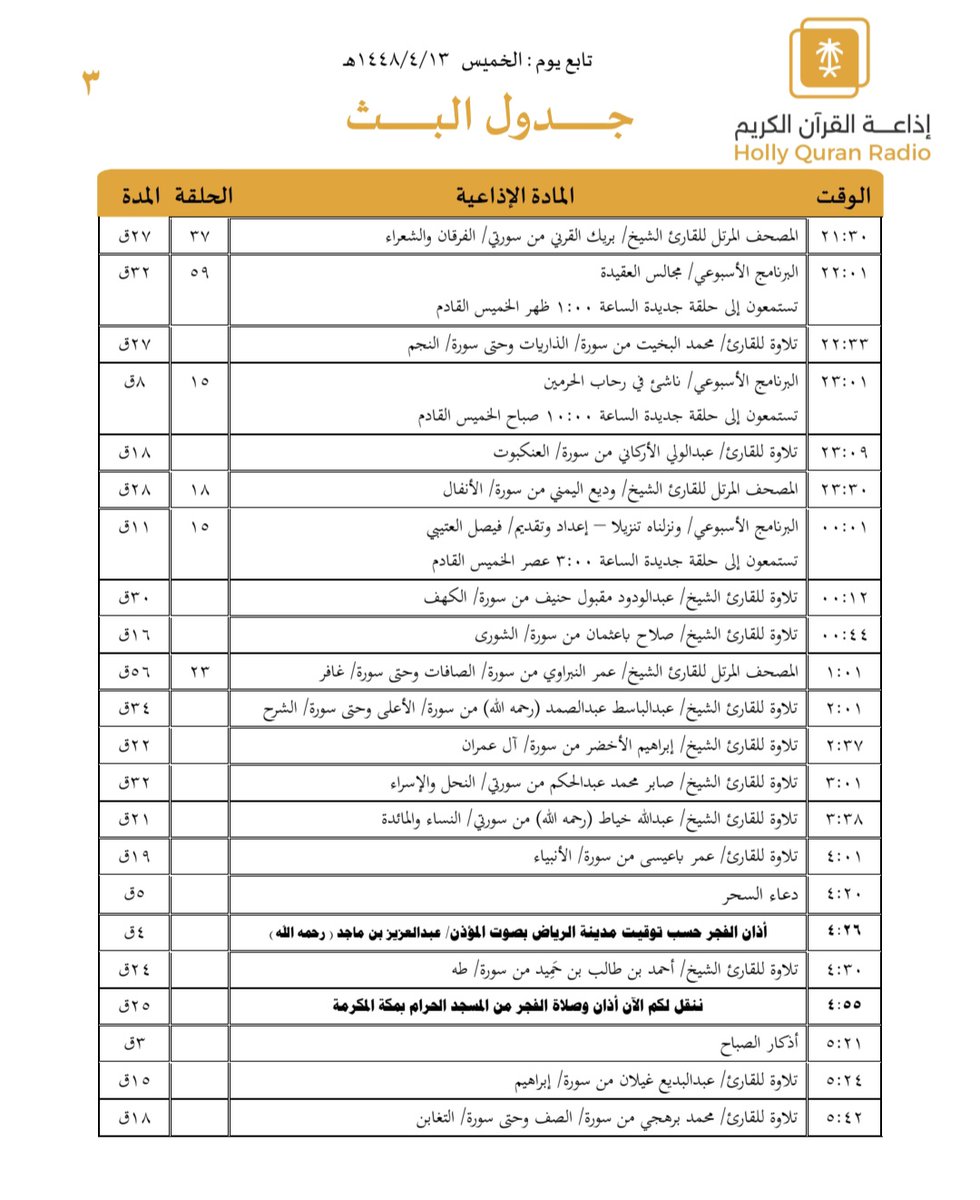 QuranRadio_ksa's tweet photo. جدول تلاوات وبرامج
#إذاعة_القرآن_الكريم
ليوم #الخميس 1448/4/13

رابط البث المباشر 👇🏻
https://t.co/Uc2JC5Uw5P https://t.co/LkwFM2ysnB