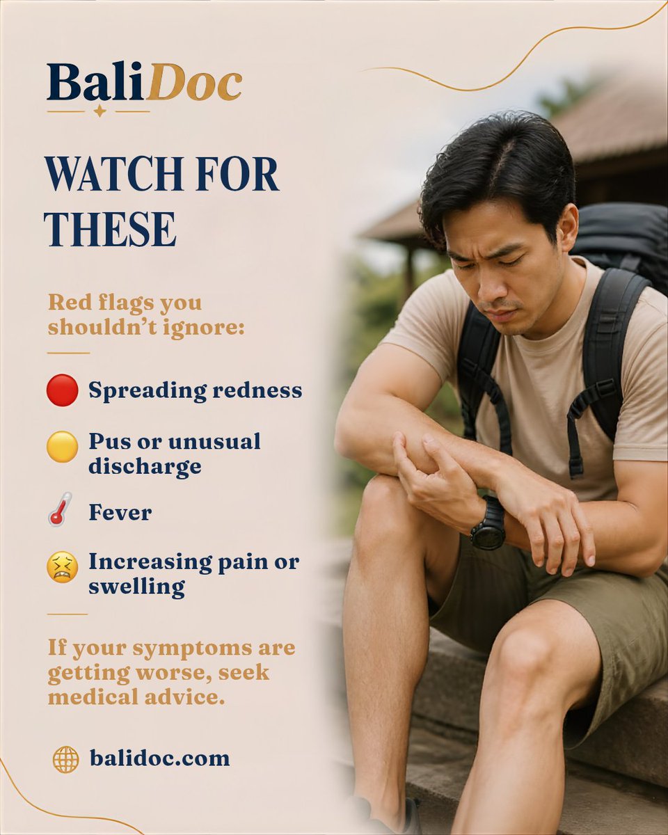 BaliDoc_'s tweet photo. Small scrape? Don’t let it turn into a bigger problem. 🩹🚨

Clean it. Cover it. Keep an eye on it.
If redness spreads, pain increases, swelling appears, or you notice pus or fever, it’s time to seek medical advice.

Had an animal bite or scratch? Ask about tetanus protection and rabies prevention. 🐕💉

Not sure what to do next? Talk to a doctor with BaliDoc Telehealth from your hotel, villa, or home. 💙

Visit https://t.co/FpHihAUM1w

#BaliDoc #RoadRash #WoundCare #TravelHealth #BaliTravel