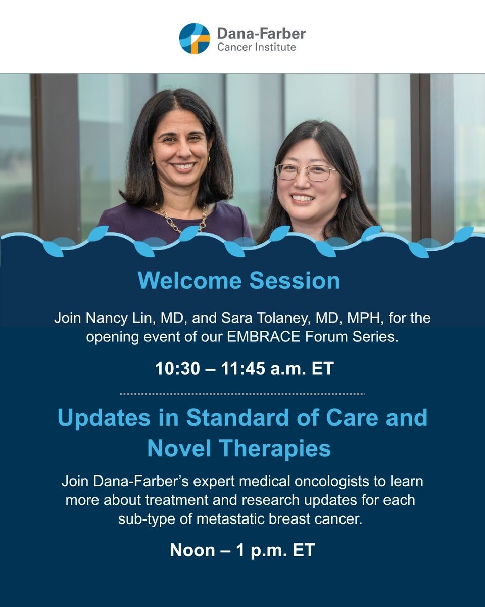DFCI_BreastOnc's tweet photo. Join us for the first webinar of the 2026–2027 Metastatic Breast Cancer Forum Series, hosted by the EMBRACE Program at @DanaFarber!

📅 October 21, 2026| 10:30 a.m. – 1:00 p.m. ET
💻 Hosted Virtually, via Zoom

This webinar will be held in two parts:
• Welcome Session | 10:30 – 11:45 a.m. ET
• Breakout Sessions | Noon – 1 p.m. ET

Each breakout session will provide an opportunity to learn about treatment and research updates for each sub-type of #MetastaticBreastCancer.

This recurring monthly webinar series offers educational programs for adults living with metastatic breast cancer (#MBC), covering research updates, supportive care, and practical and logistical topics throughout the year.

For more information and registration, please visit: https://t.co/kOEv17jBsP