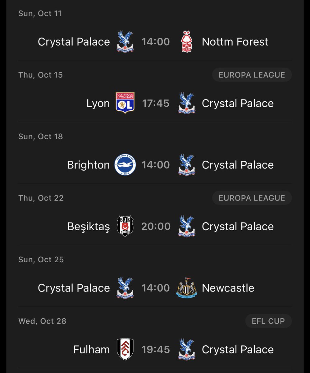 PalaceReport's tweet photo. Our next 6 games. How many wins, draws or losses for all?

Sage taking us to war in the next 4. 🦅 https://t.co/mb4CBZkYwI