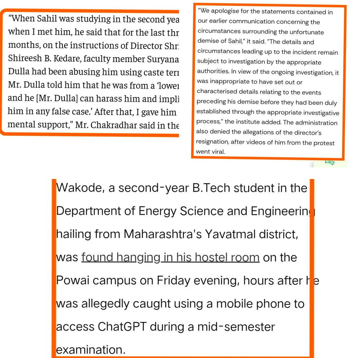 grtbabamanish's tweet photo. #dalitstudent  #iitbombay ने पहले बोल दिया साहिल मोबाइल chatgpt से नकल करते पकड़ा गया जबकि एग्जामरूम के च��रों कौनो में कैमरे लगे हुए है, मूढ से मूढ छात्र भी ऐसी हरकत नहीं करेगा वो मोबाइल निकाल के नकल करे !!

जब उसके पिता ने SC ST ACT में मुकदमा दर्ज किया उसने तीन महीने हो रहे जातिय शोषण के सबूत रखे तो IIT ने अपना स्टैंड एकदम पलट दिया अपने बयान पर माफ़ी मांग ली !!

अब आईआईटी बोम्बे बोल रहे है, कम्युनिकेशन गैप हुए जिसके चलते ये जानकारी गलती से सार्वजनिक बिना की जांच के हुई,

ये पूरा प्री प्लान मर्डर प्रोफेसर कर रहा था, जैसी ही साहिल के पिता ने जांच की मांग करी प्रोफेसर फिल्मी स्टाइल में धरने पर बैठ गया और जैसी मुकदमा दर्ज हुआ तो इस्तीफा दें स्वैग दिखाने लगा, साहिल ने कोई सुसाइड नोट नहीं लिखा अब किस आधार पर संस्था ने इसे अपनी तरफ से आत्म ह त्या ��ोषित कर दिया ? और पुलिस ने उसका मोबाइल जांच में पाया उस समय तक किसी प्रकार की CHATGPT का उपयोग नहीं हुआ , ये पुलिस की फॉर्मल रिपोर्ट में आया है !!

कोई भी साधारण से साधारण बुद्धि वाला इतना बेवकूफ नहीं जो नकल को उचित ठहरा दे पर भारत में ऐसे मूढ की भरमार ��ै, जिनका रोम रोम बस दलितों को गलत दिखाना चाहता है, किसी भी प्रकार दलित छात्र के साथ भारतीय समाज सहानुभूति नहीं रखता, 

अब ये प्रोफेसर जिसको जांच में सहयोग करना चाहिए था, जब उसे पूछा नकल के दौरान जिस गैजेट का उपयोग होगा उसकी जब्त किया जाता उसकी इनफॉर्मेशन दर्ज होती है तो अपने ही बयान पलट रहा है, बोल रहा में साहिल को मॉरल सपोर्ट देता था, यकायक नकल से सीधा सहानुभूति अर्जित करने लगा जो कल तक इस्तीफा ��ेंक के दिखा रहा था, 

खैर अगर आप दलित हो तो आपको इतना मनोबल सदा ऊंचा रखना चाहिए, भारतीय संस्कृति और भारत का साढ़ा हुआ समाज सदा से दलित के प्रति नफरत रखे हुए है,

भारत में sc st act का उपयोग करना पड़ रहा है, इन्हें इस बात का खेद नहीं हमने अपने समाज को कितने नीचे स्तर तक गिरा दिया जो उनके लिए हमें अलग कानून लाने पड़े 

दलितों के प्रति हीनता का कोई ईलाज नहीं अब सबल दलित नफरत के बदले नफरत लौटा रहा है, जब दलित अधिक सबल हो जाएंगे तो जरूरत पड़ी तो सवर्ण बचाव नियम भी लाएंगे हम भी नहीं चाहेंगे किसी सवर्ण छात्र में भविष्य में किसी दलित प्रोफेसर अनन्य करे तब सवर्ण बचाओ नियम के तहत मुकदमा जरूर लिखा जाएगा पर मोबाइल खोल के ChatGPT से नकल करी ऐसा बचकाना बचाव तो बिल्कुल अनुचित है, 

इंजिनियरिंग कॉलेज में 10 प्वाइंट का  CGPA - Cumulative Grade Point Average से किसी की बौद्धिकता आसानी से पता चल जाती है, अगर में किसी के हाथ लैपटॉप भी दे दु तो उसका CGPA 5 या 6 होगा इसे ऊपर नहीं जा सकता परिजन से बात कर मुझे आश्चर्य इसे हुआ साहिल की ऑल इंडिया रैंक 614 और साथ में गणित ओलंपियाड में गोल्ड मेडलिस्ट और उसका CGPA 8.5 है अर्थात गूगल और माइक्रोसॉफ्ट , टेस्ला जैसी अंतर्राष्ट्रीय कंपनियां ऐसे छात्रों से सब्जेक्टिव सवाल नहीं करती सीधा कट ऑफ कर ज्वाइनिंग लेटर हाथ में देती है, 

जो यूट्यूबर SC ST ACT को टारगेट करके साहिल की क्षमता पर वीडियो बनाए तो आपको लगा डर जाएंगे और चार कदम आगे बढ़ के छाती पर पैर रखेंगे, अपनी बात सही कारण के साथ स्थापित करेंगे और क्या लगा उस प्रोफेसर को बचा लोगे हाथों से फाड़ के हृ/दय निकालेंगे,

नकल करने वाले छात्र गले में फंदे ना लगाते ना उनका CGPA 8.5 होता वो मेरे जैसे छात्र होवे ���ो नकल करे जिनका cgpa आठ सेमेस्टर में 7 से ऊपर नहीं जाता और प्रोफेसर के पकड़ने पर फंदे ना लगाते उल्टा प्रोफेसर का मटर कर, i am very innocent sir बोलते है, नमस्ते !

#Baba_Manish