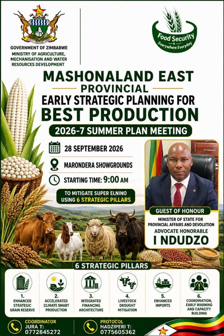 TawandaMushinye's tweet photo. Mashonaland East Province will hold an Early Strategic Planning Meeting for Best Production for the 2026-27 Summer Season on 28 September 2026. https://t.co/a9RTkxmfJz