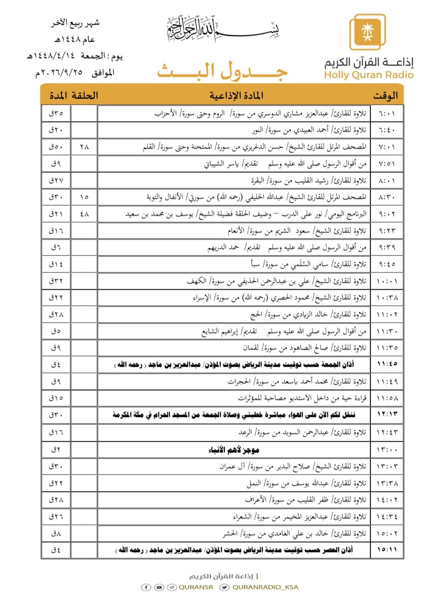 QuranRadio_ksa's tweet photo. جدول تلاوات وبرامج
#إذاعة_القرآن_الكريم
ليوم #الجمعة 1448/4/14

رابط البث المباشر 👇🏻
https://t.co/Uc2JC5Uw5P https://t.co/zACjT41Ipi