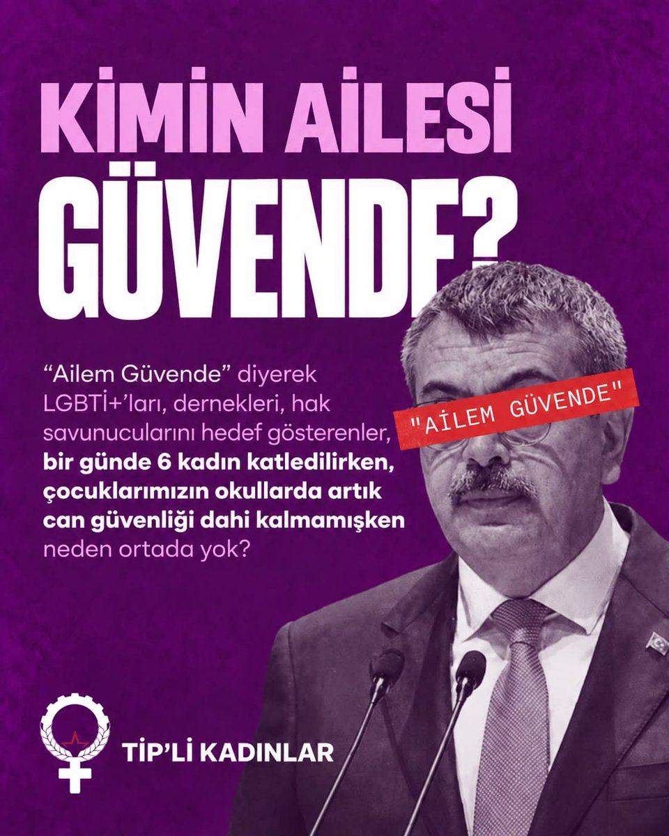 Tipli_Kadinlar's tweet photo. KİMİN AİLESİ GÜVENDE?

“Ailem Güvende” diyerek LGBTİ+’ları, dernekleri, hak savunucularını hedef gösterenler, çocuklarımızın güvenliğinde neden ortada yok?

Bugün Manisa Turgutlu’da bir okulun önünde silahlar konuştu. 11 öğrenci yaralandı, ikisinin durumu ağır.

Kadınları şiddetten koruyamayan, çocukları okulda güvende tutamayan bu düzen, kimi, neyden koruyor?

Güvende değiliz!
Ve susmayacağız.