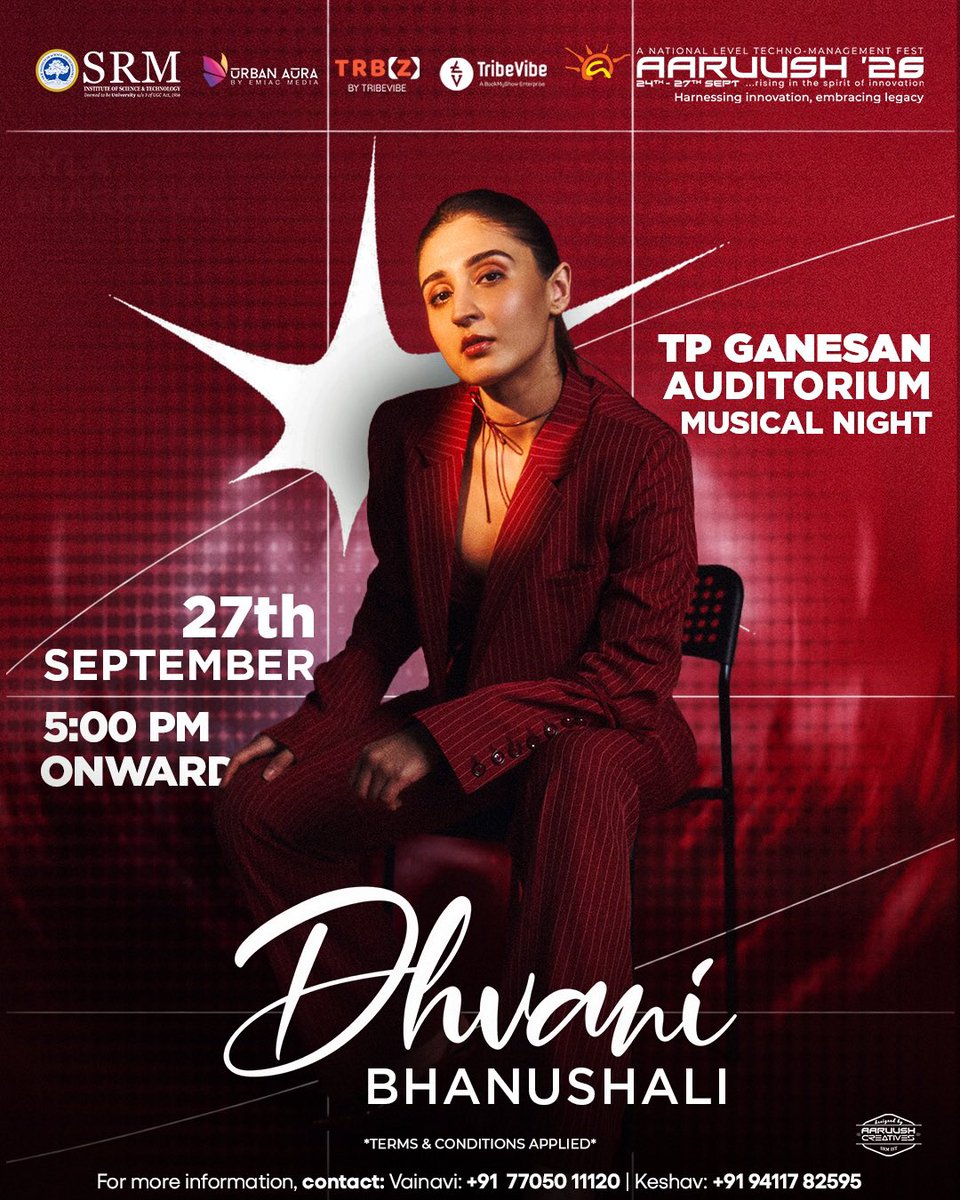 aaruushsrmist's tweet photo. Aaruush ’26 is getting a melody of its own. 💫
Dhvani Bhanushali is bringing her voice, her charm and all your favourite tunes to the stage on 27th September.
Get your Common Registration at https://t.co/68uNR8uCoX.
#ProNite #DhvaniBhanushali #seeyouattheevent #Aaruush #SRMIST https://t.co/DXOsSHqt4L