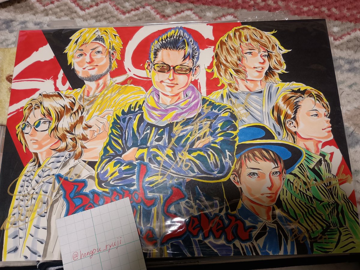 hongou_ryuji's tweet photo. 森空青さんのご家族の依頼で、
#DESTINY8 メンバーのイラストを描かせていただきました。
「Beyond the Seven」とあるのは、「七英雄を超えるもの」ということで、空青さんのお兄さんから指定されたものです。来場の皆さんに見てもらえて光栄でした。 https://t.co/zIPv3dYBe4